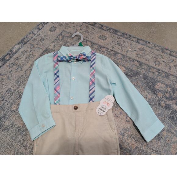 NWT Boys Easter Suit Size 5T Wonder Nation Suspenders Bow Tie Blue Pink Khakis - Picture 2 of 4